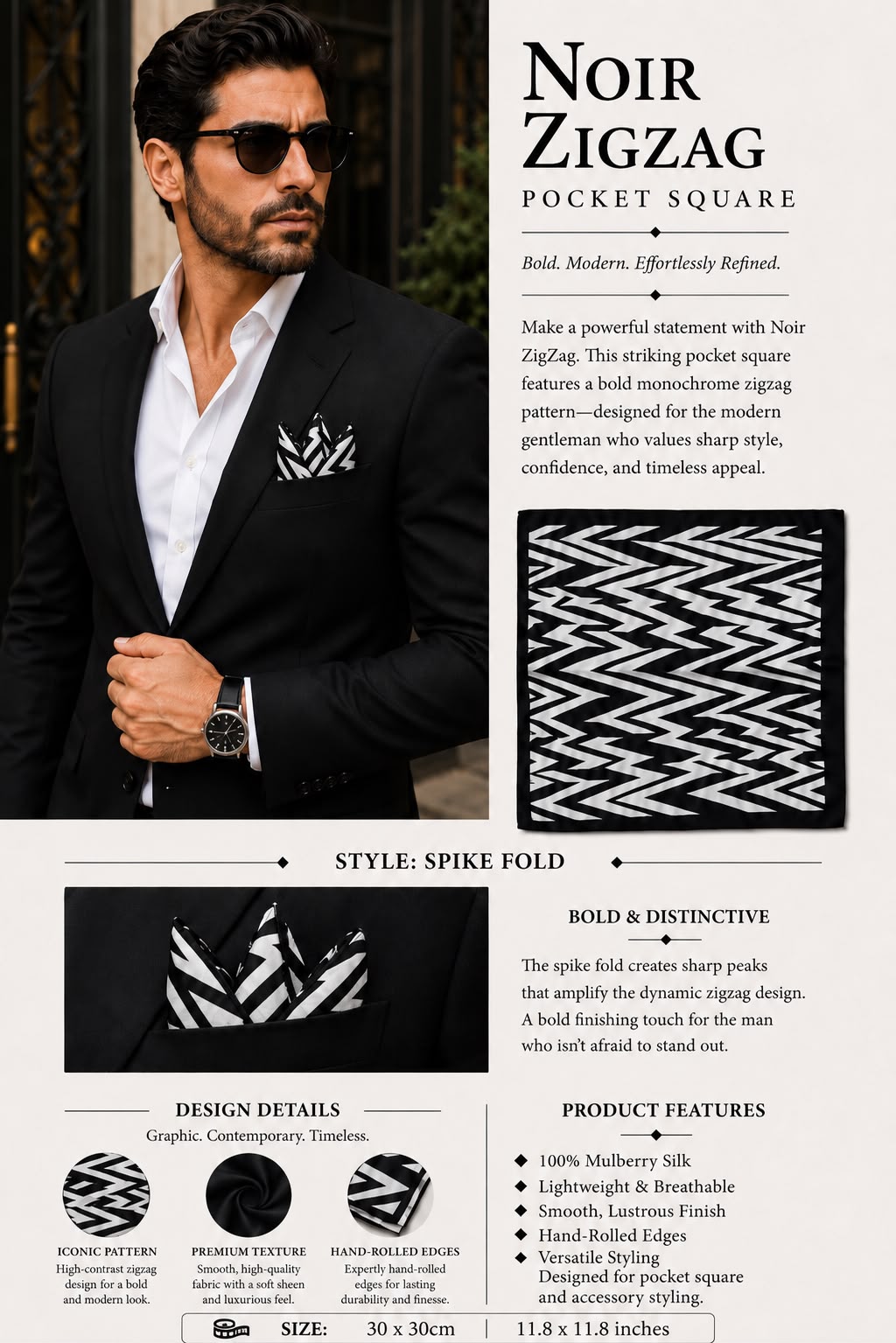 Noir Zigzag Mulberry silk pocket square with bold black-and-white zigzag pattern