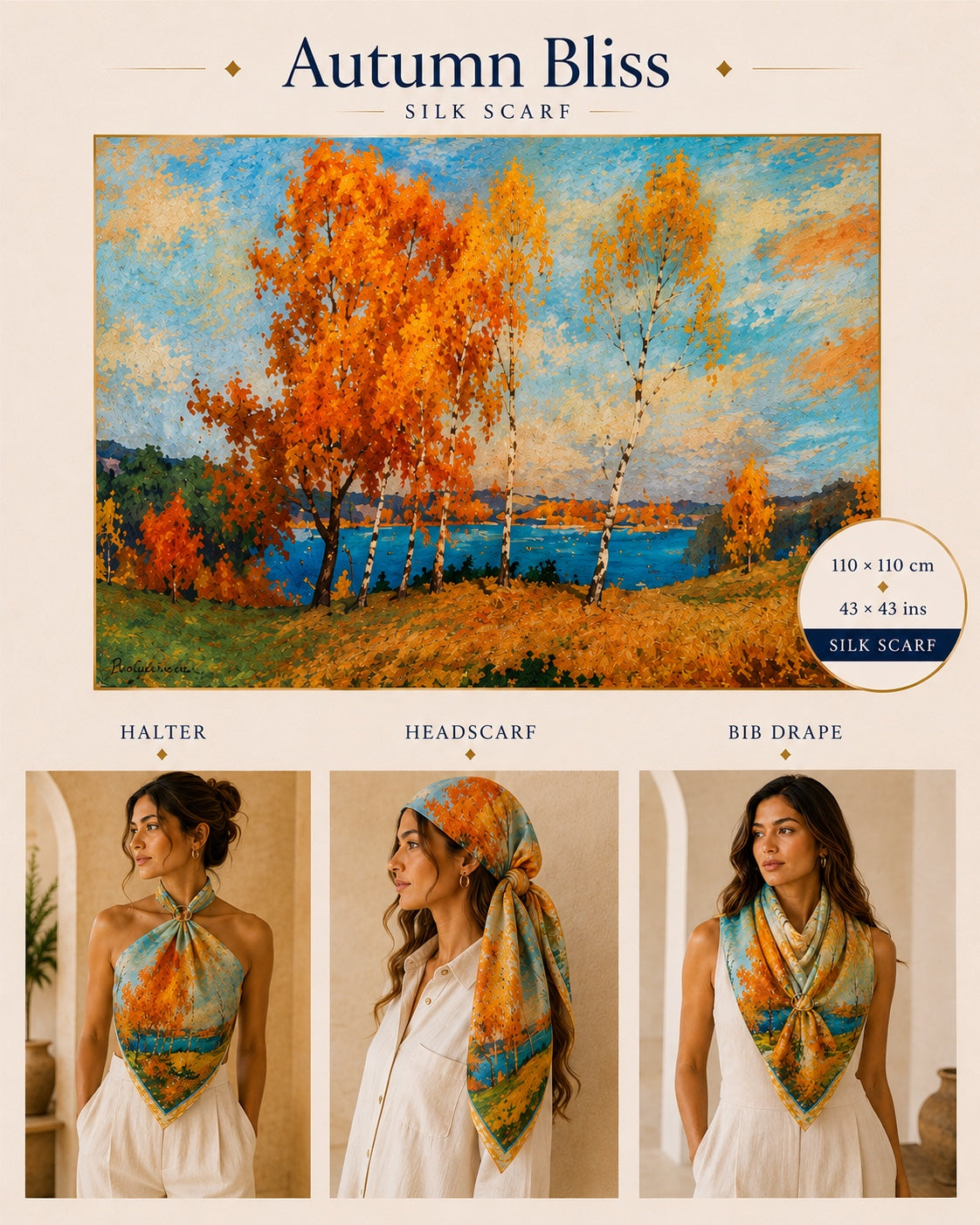 Autumn Bliss 110 × 110 cm Mulberry silk scarf, approved product image