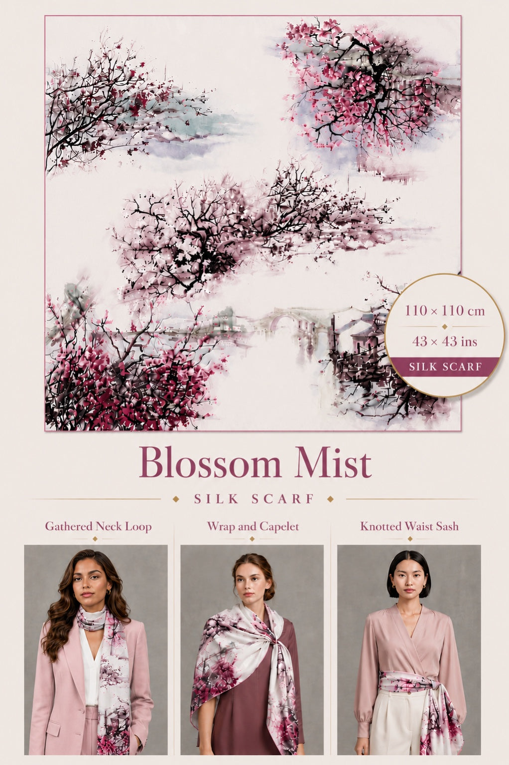Blossom Mist Silk Scarf — 110 × 110 cm