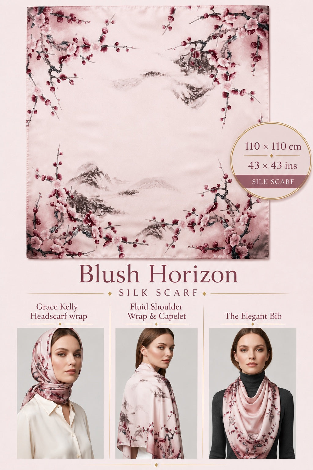 Blush Horizon Silk Scarf — 110 × 110 cm