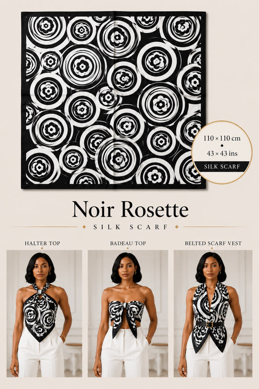Noir Rosette Silk Scarf — 110 × 110 cm