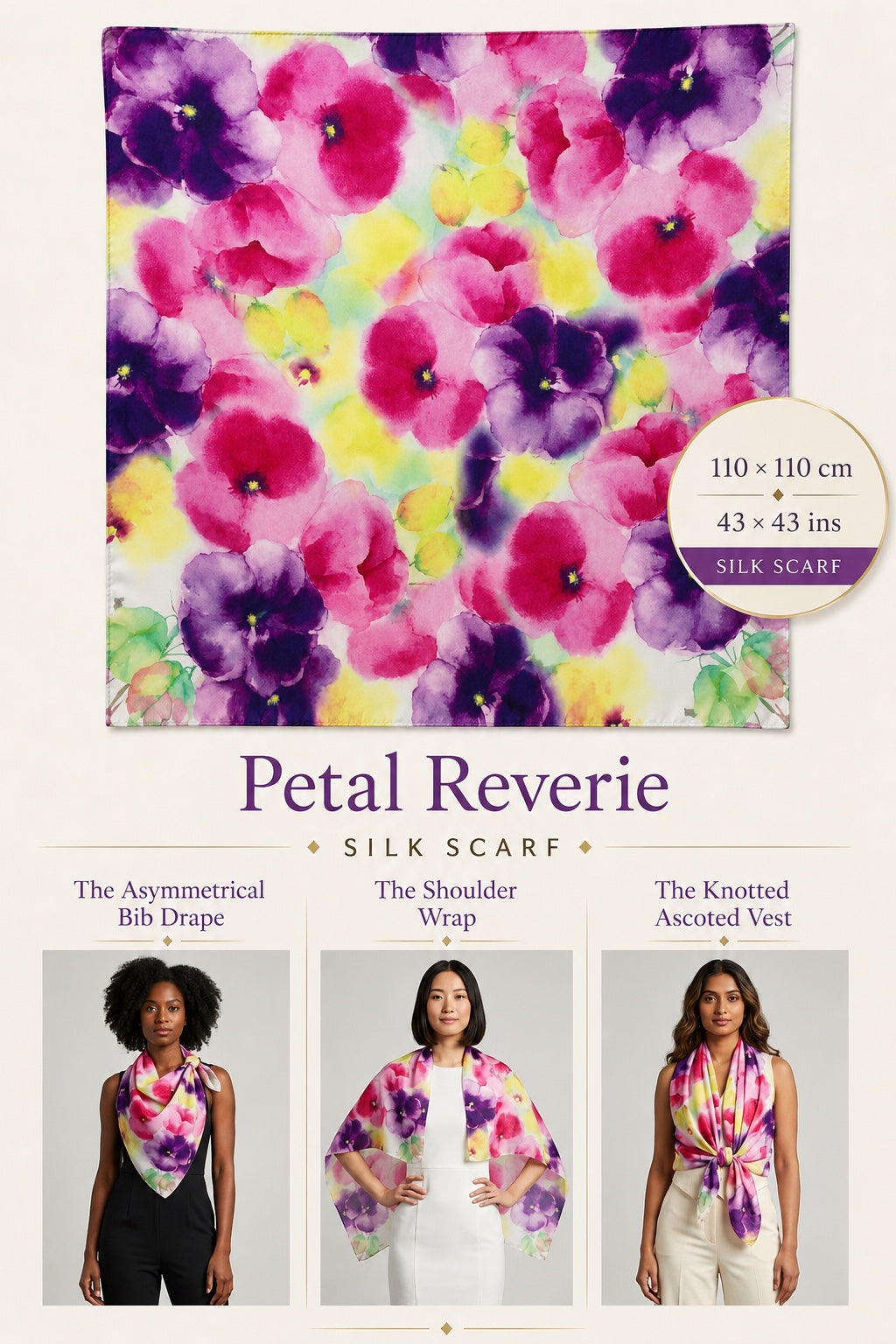 Petal Reverie Silk Scarf — 110 × 110 cm