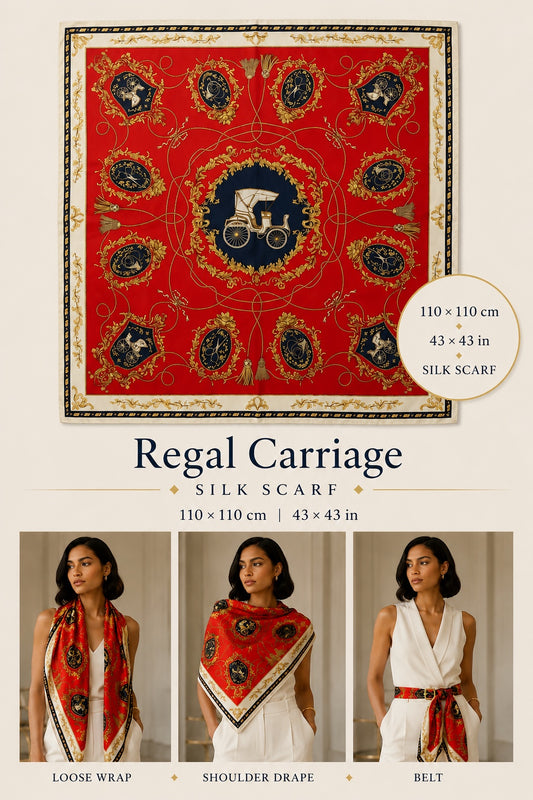 Regal Carriage Silk Scarf — 110 × 110 cm