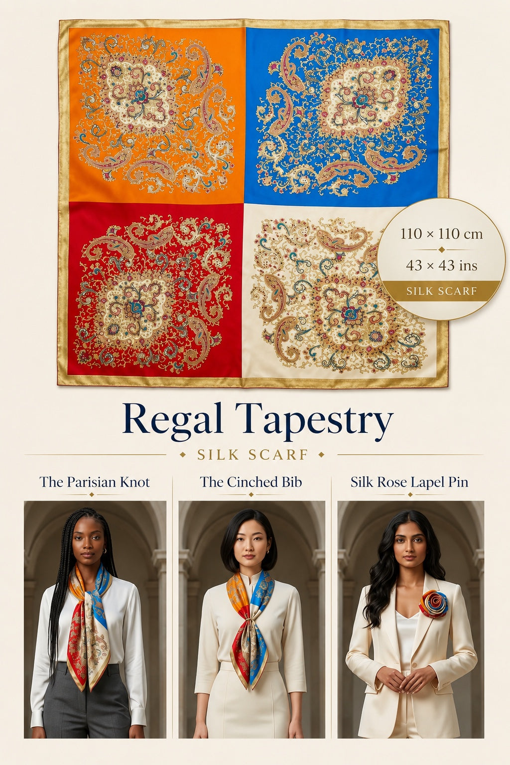 Regal Tapestry Silk Scarf — 110 × 110 cm