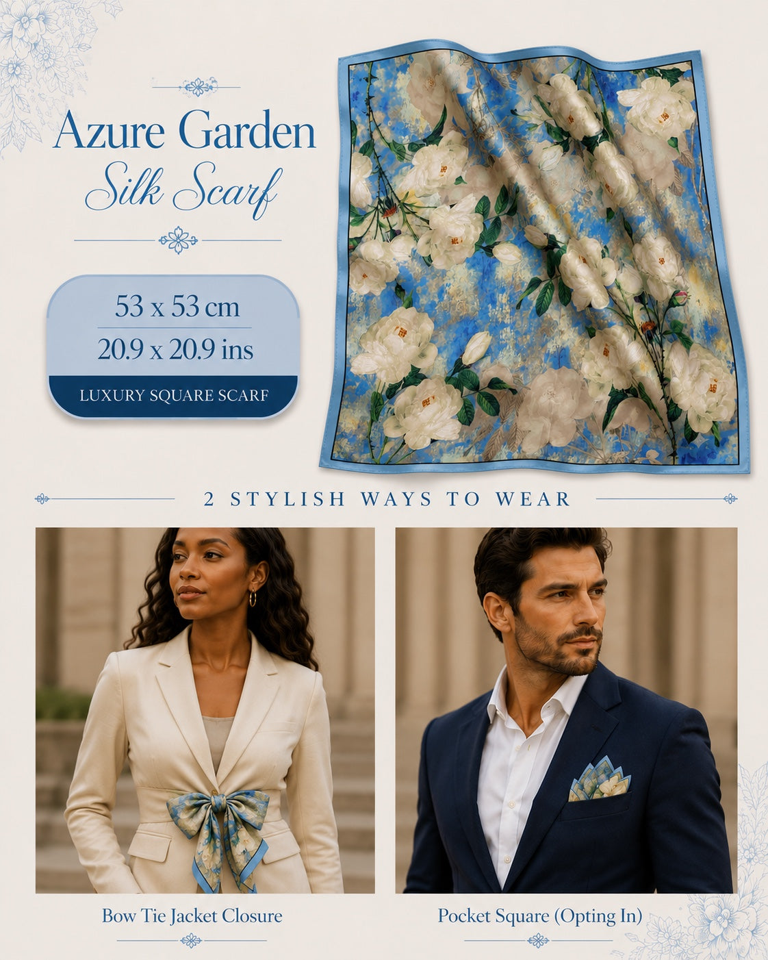 Azure Garden Silk Scarf — 53 × 53 cm