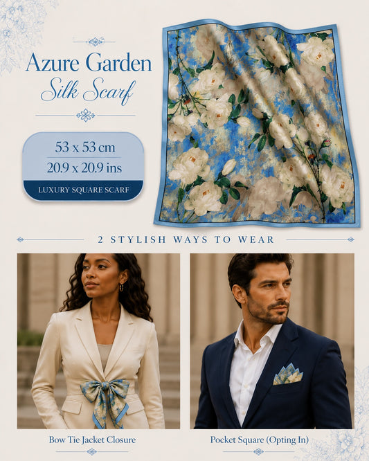 Azure Garden Silk Scarf — 53 × 53 cm