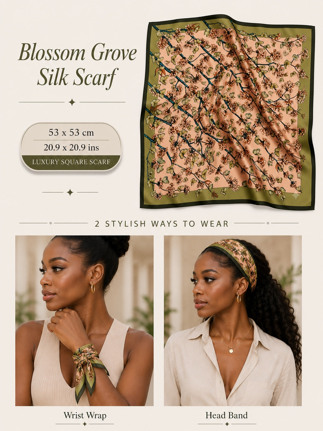 Blossom Grove Silk Scarf — 53 × 53 cm