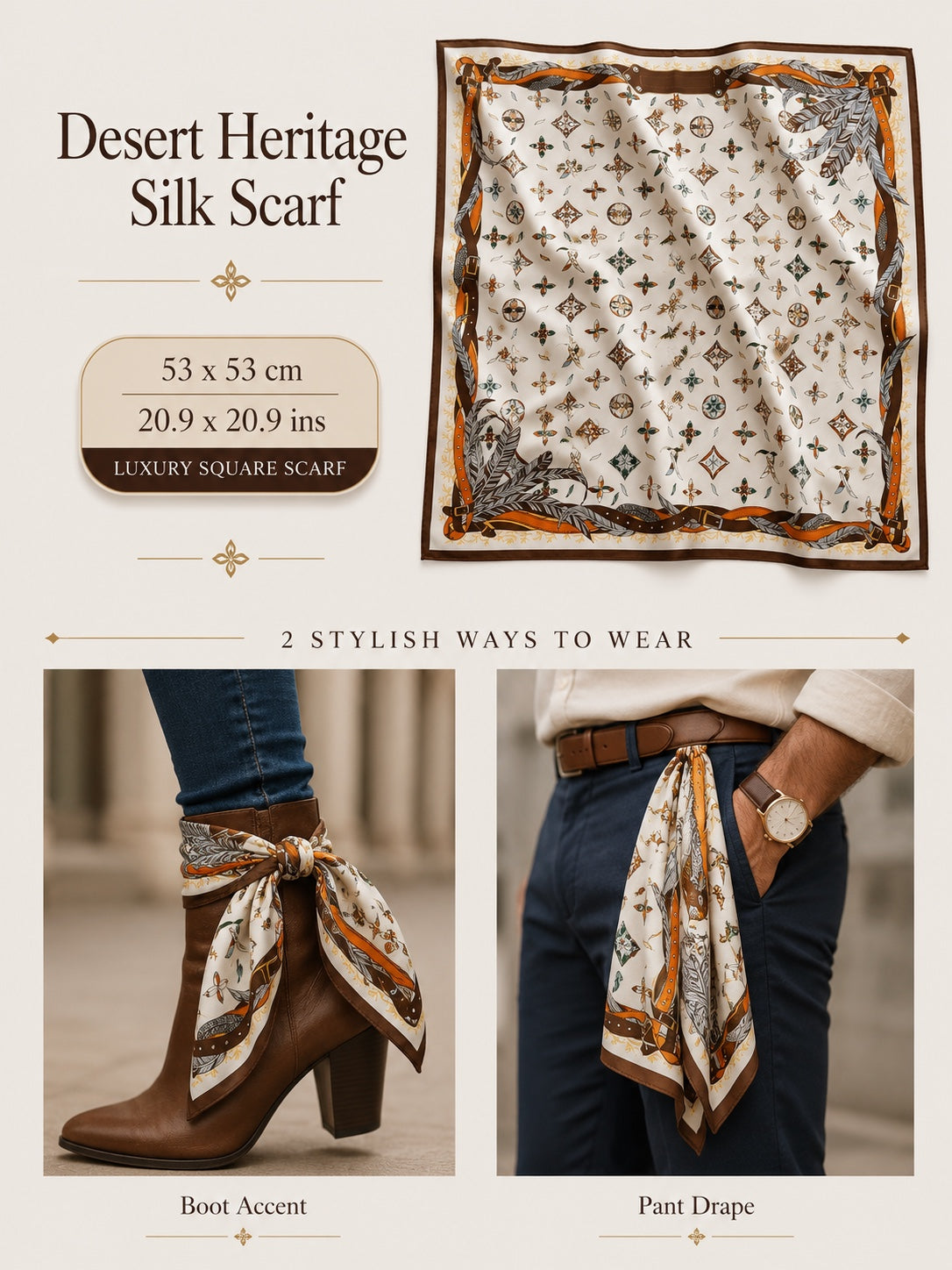 Desert Heritage Silk Scarf — 53 × 53 cm
