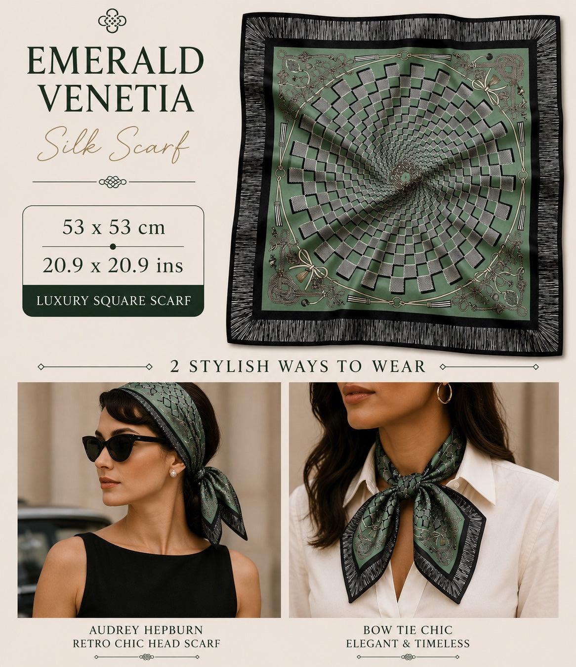 Emerald Venetia Silk Scarf — 53 × 53 cm