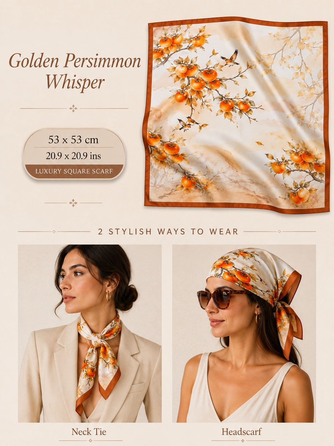 Golden Persimmon Whisper Silk Scarf — 53 × 53 cm
