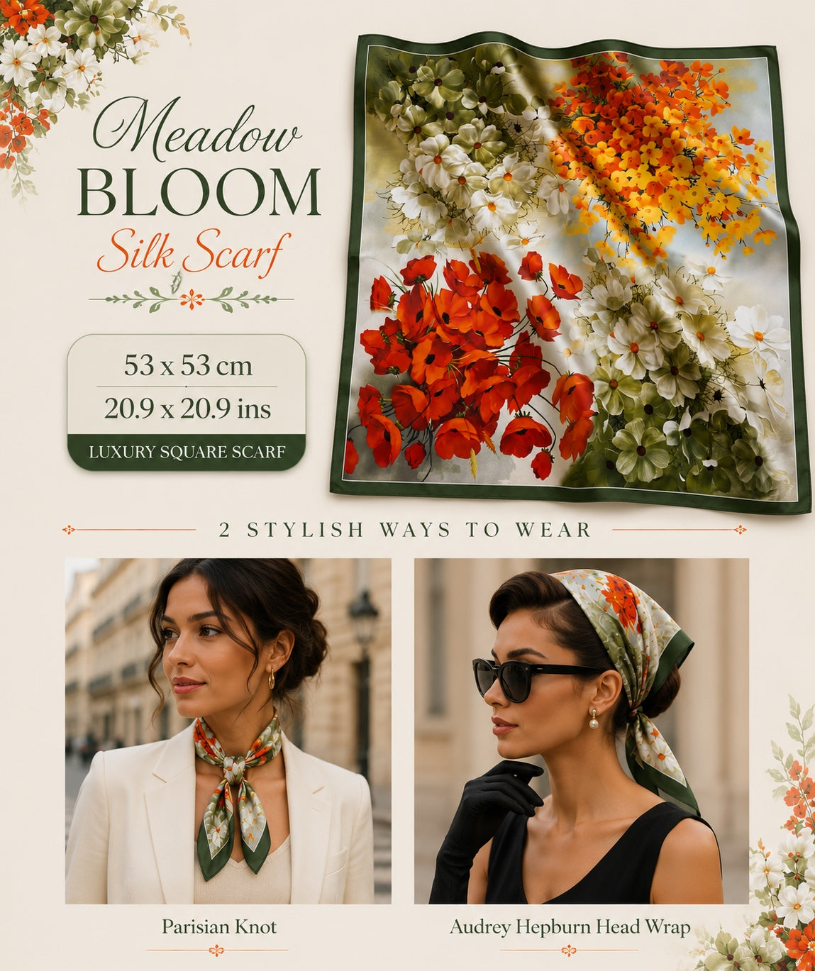 Meadow Bloom Silk Scarf — 53 × 53 cm