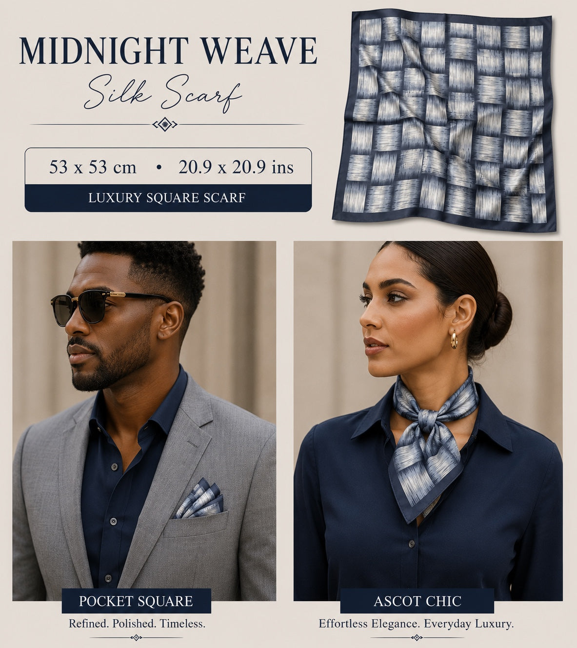 Midnight Weave Silk Scarf — 53 × 53 cm