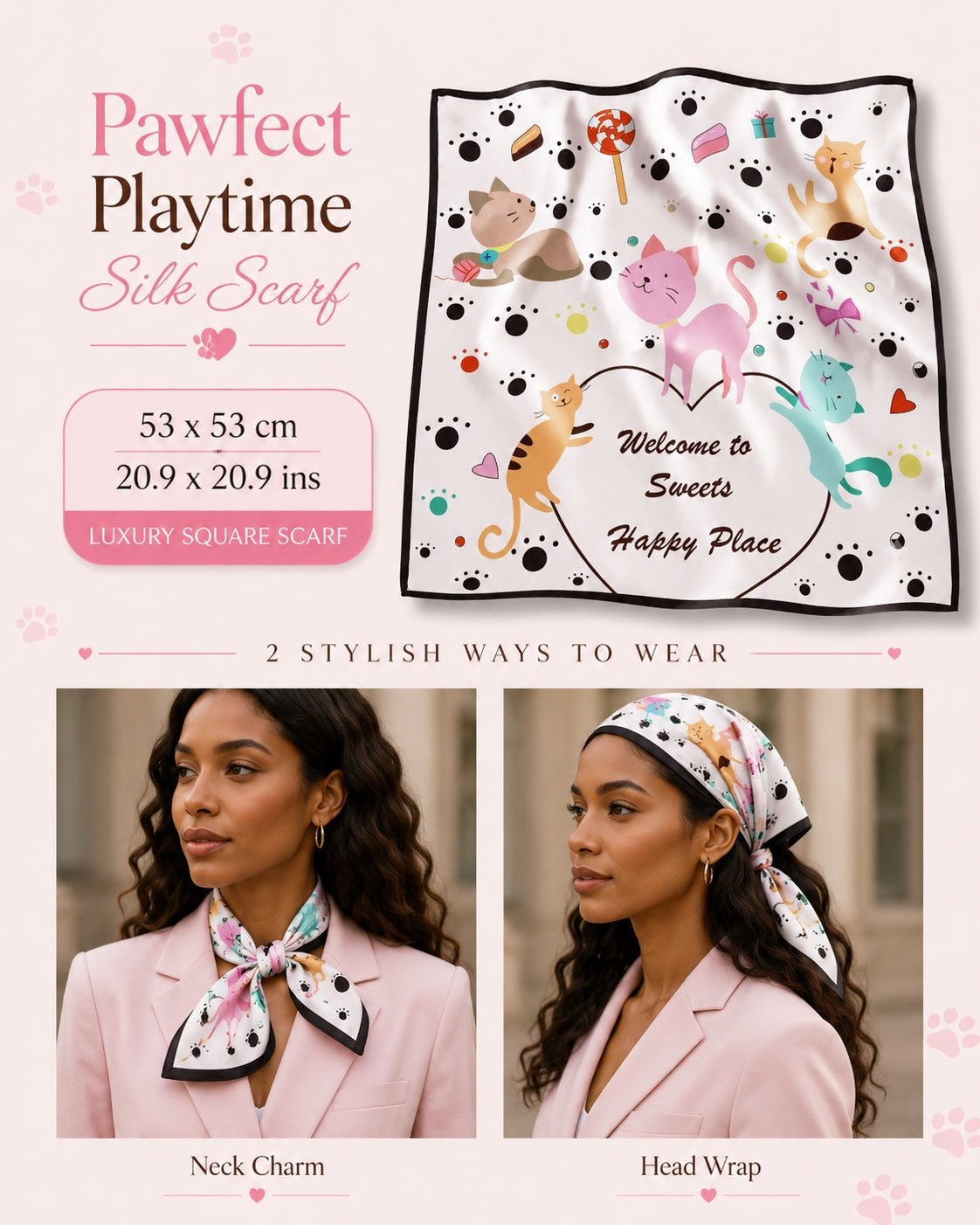 Pawfect Playtime Silk Scarf — 53 × 53 cm