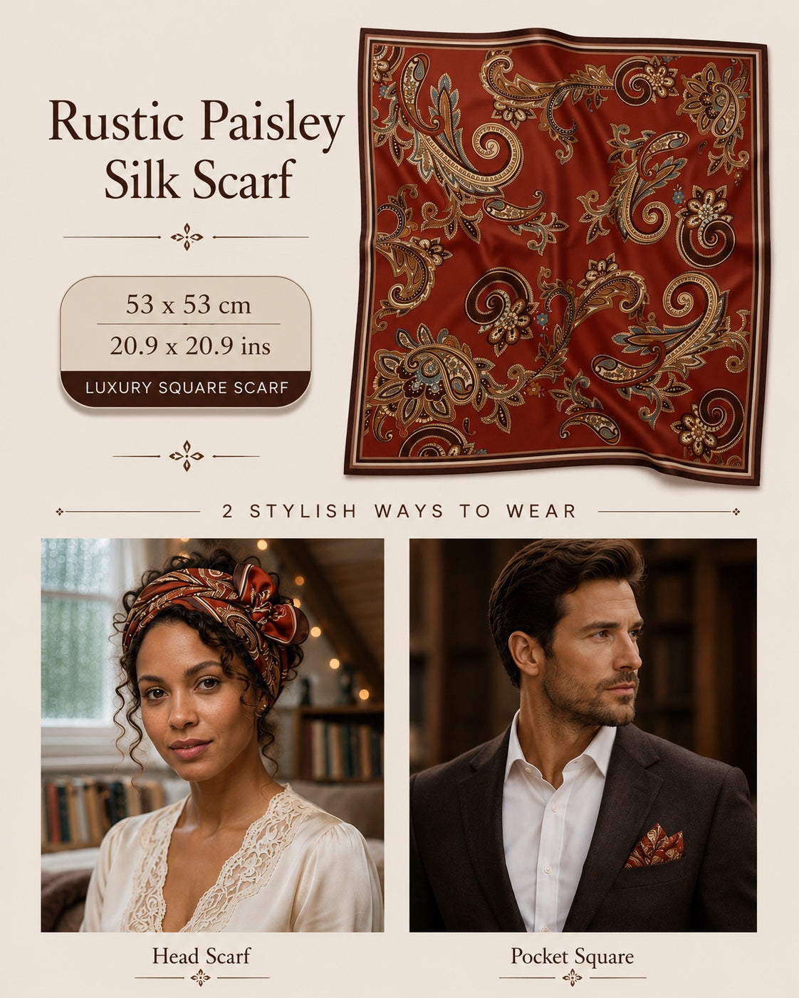 Rustic Paisley Silk Scarf — 53 × 53 cm