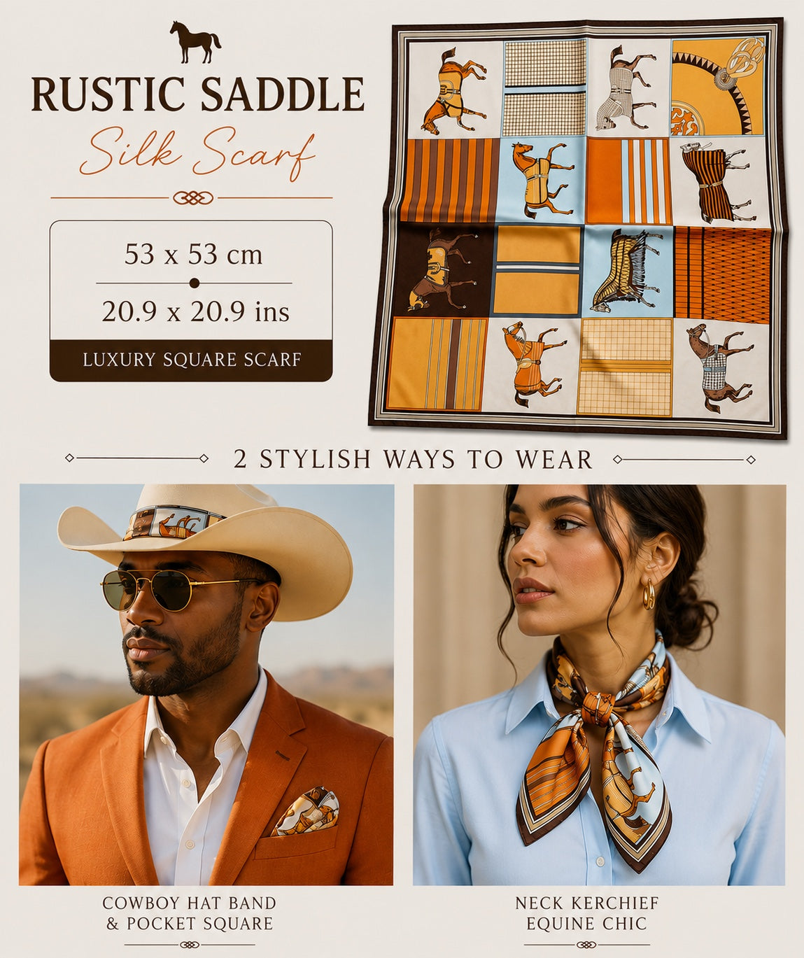 Rustic Saddle Silk Scarf — 53 × 53 cm