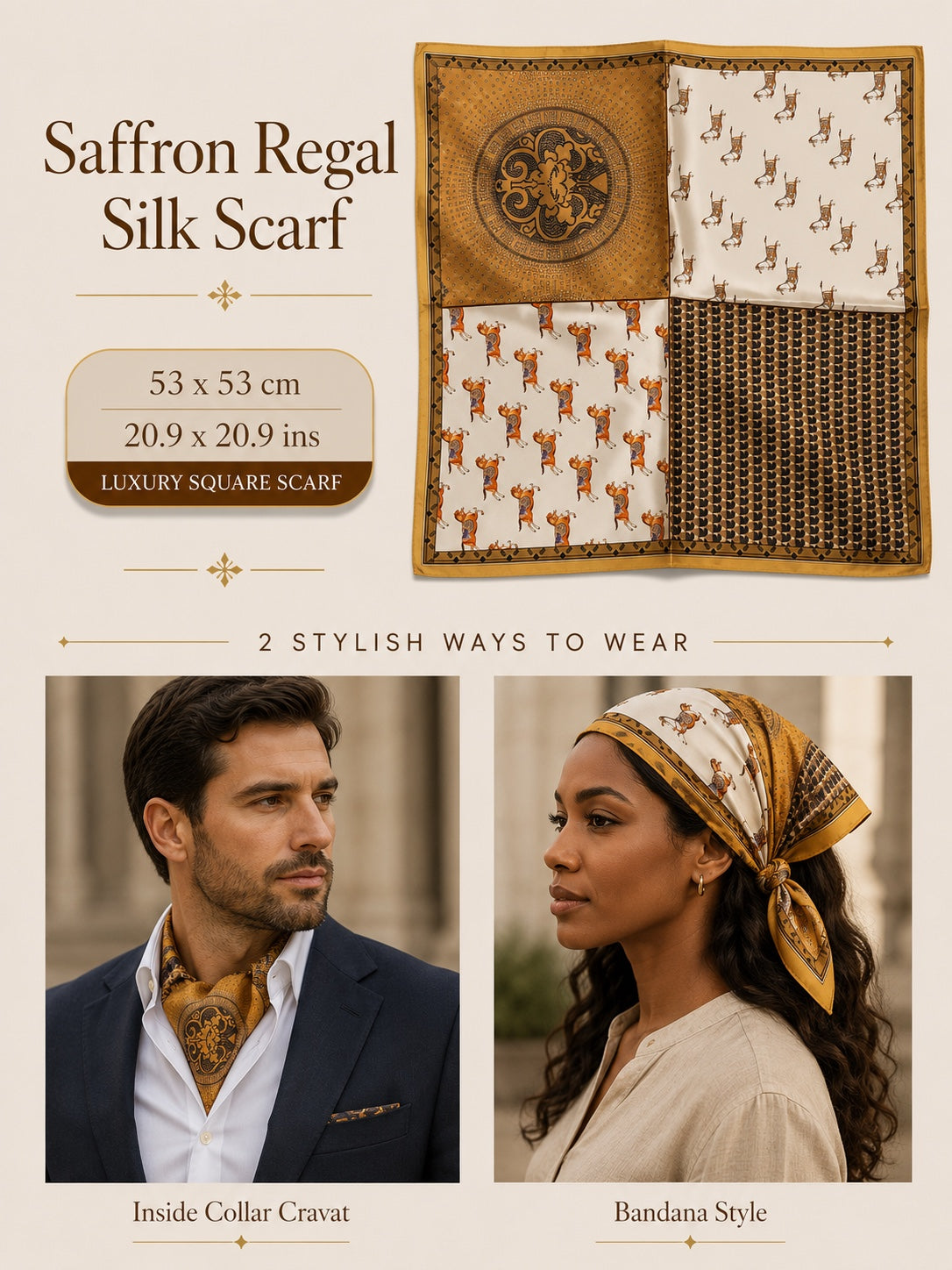 Saffron Regal Silk Scarf — 53 × 53 cm