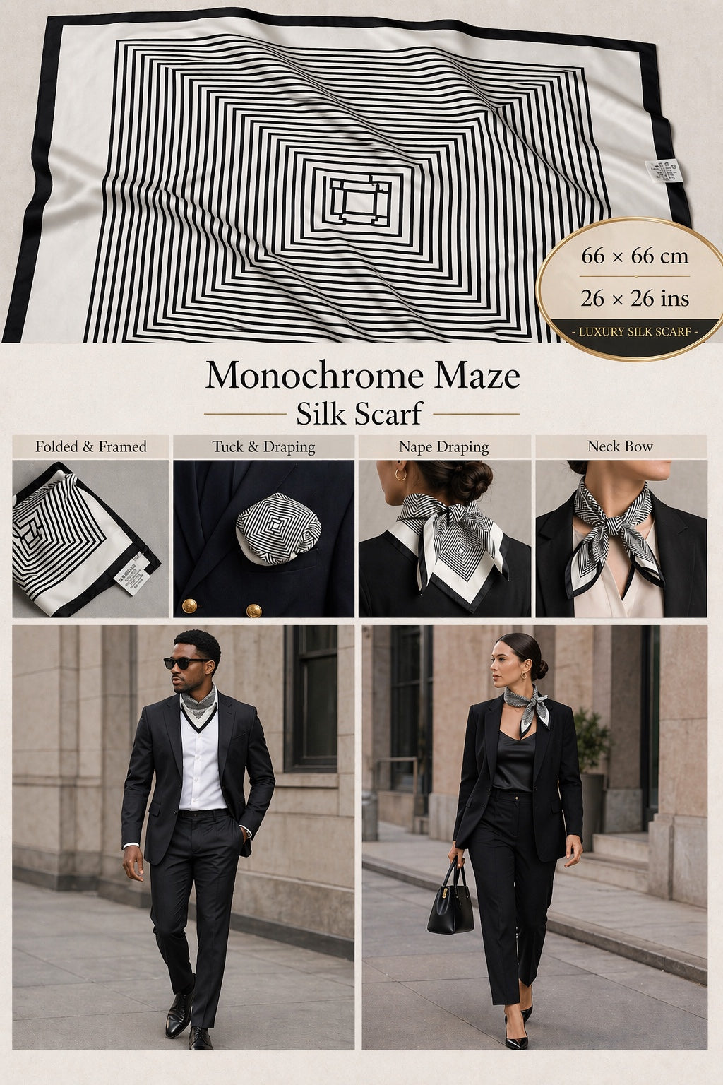 Monochrome Maze Silk Scarf — 66 × 66 cm
