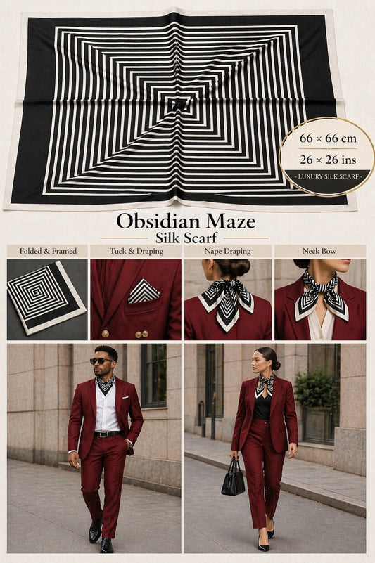Obsidian Maze Silk Scarf — 66 × 66 cm