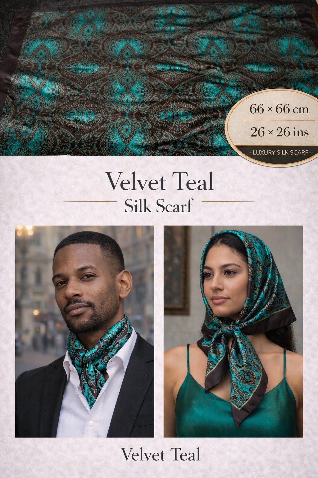 Velvet Teal Silk Scarf — 66 × 66 cm