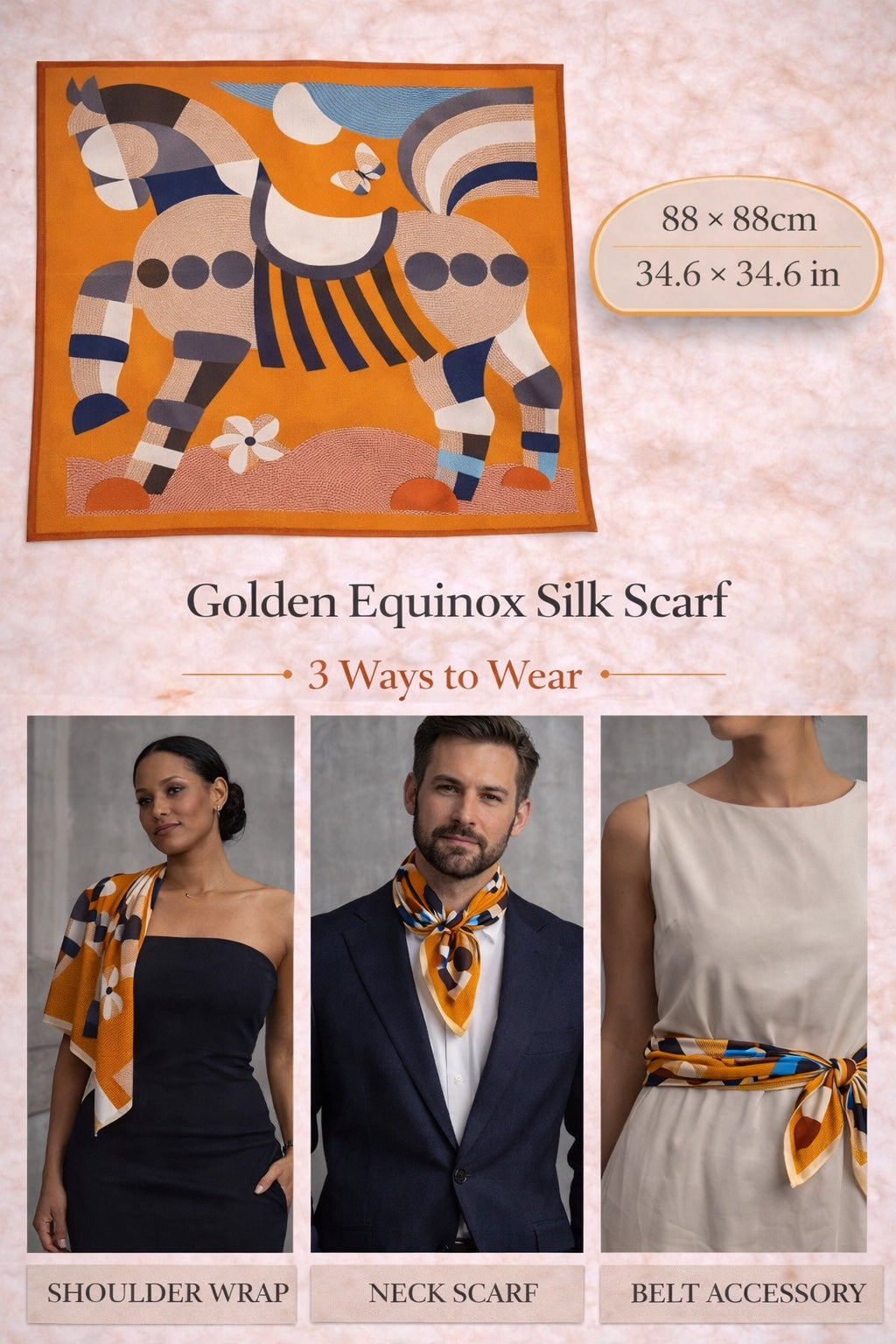 Golden Equinox Silk Scarf — 88 × 88 cm