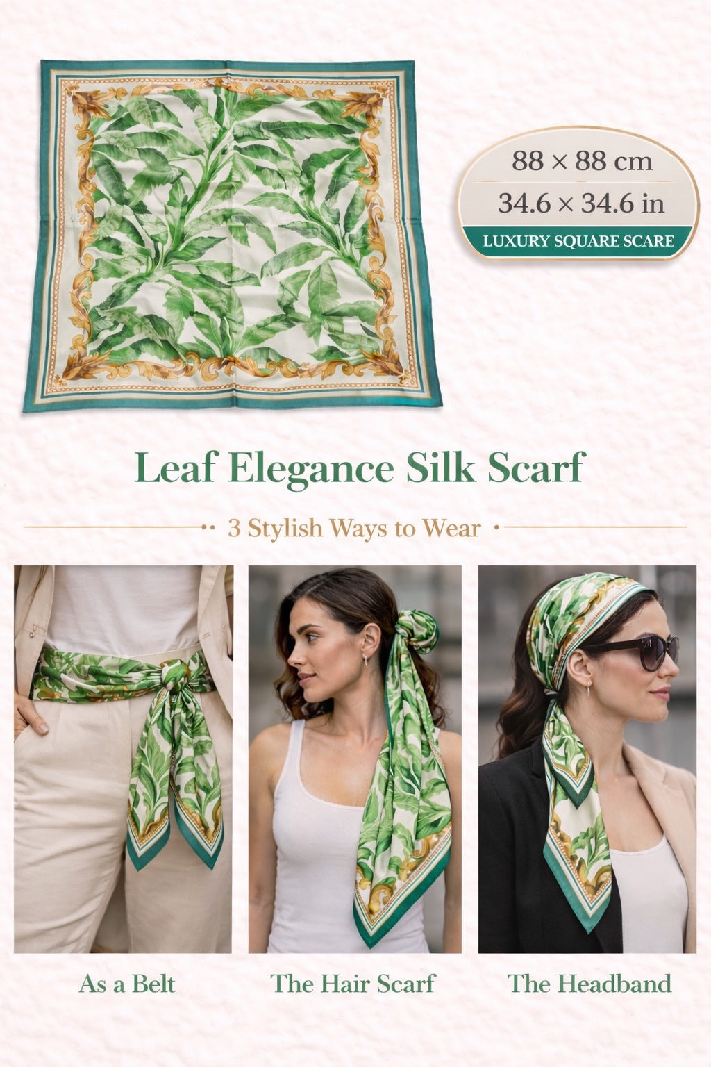 Leaf Elegance Silk Scarf — 88 × 88 cm