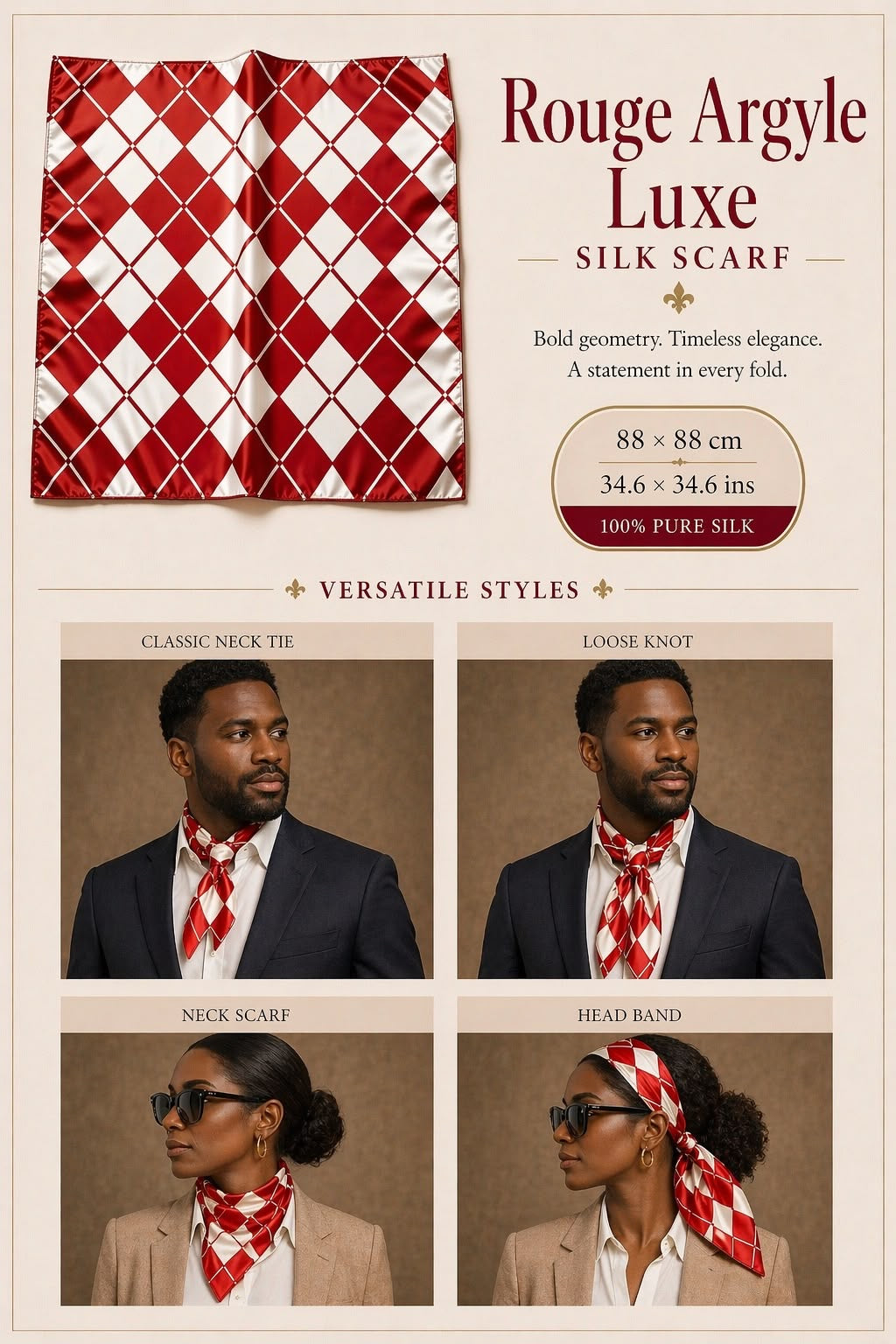 Rouge Argyle Luxe Silk Scarf — 88 × 88 cm