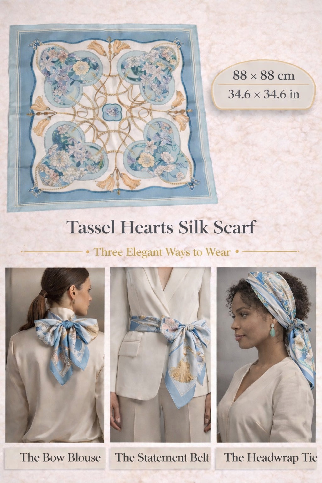 Tassel Hearts Silk Scarf — 88 × 88 cm