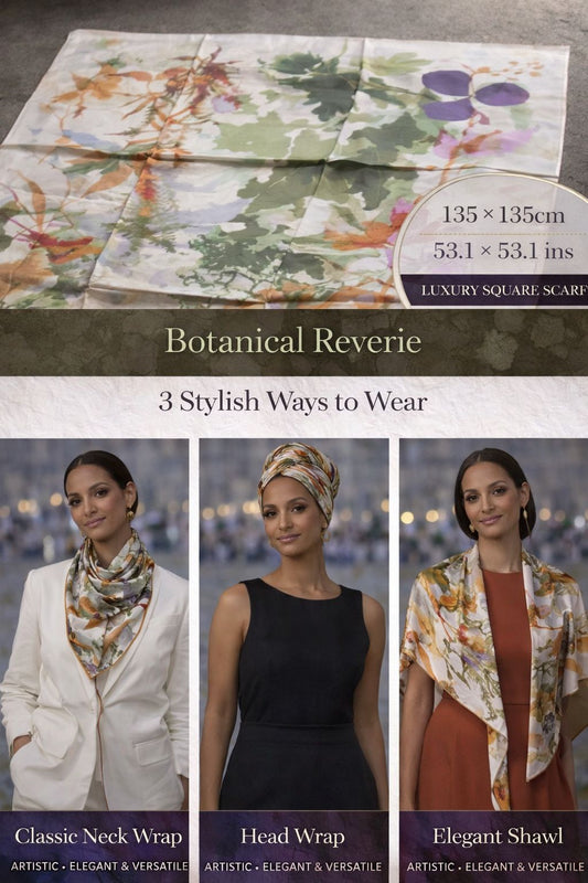 Botanical Reverie oversized silk scarf with sage, peach and ivory botanical print