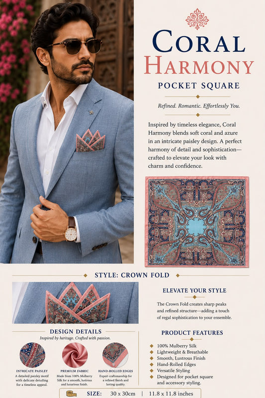 Coral Harmony Mulberry silk pocket square with coral and azure paisley design