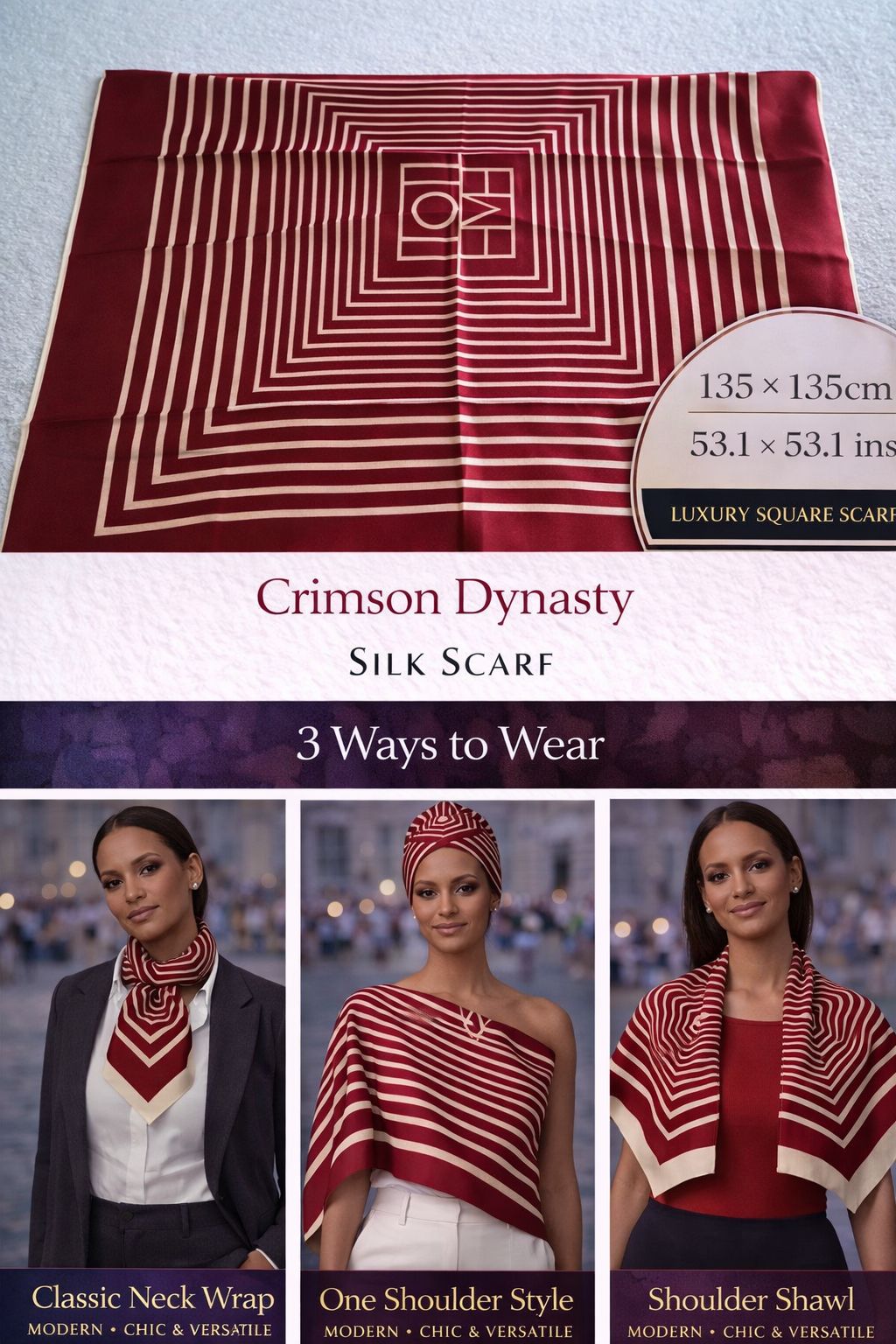 Crimson Dynasty oversized silk scarf with crimson base and ivory geometric lines