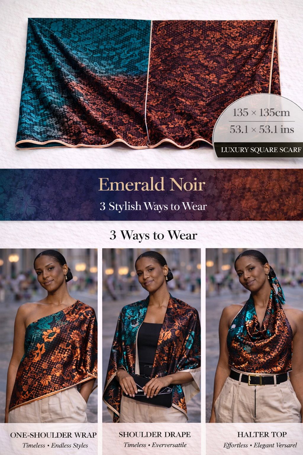 Emerald Noir oversized silk scarf with emerald green, black and copper floral details