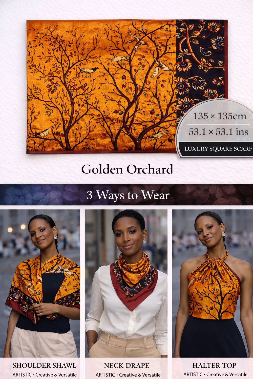 Golden Orchard oversized silk scarf with birds and branches on a golden amber background