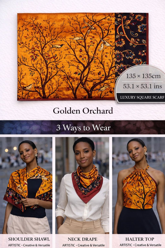 Golden Orchard oversized silk scarf with birds and branches on a golden amber background