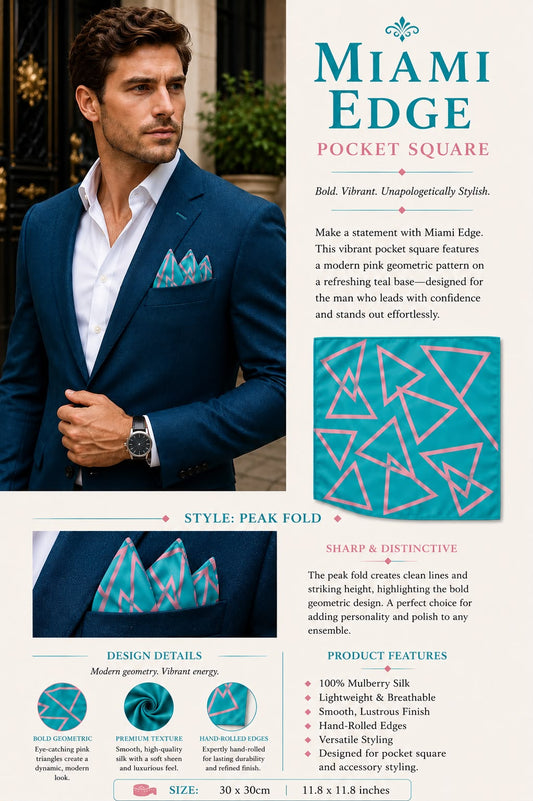 Miami Edge Mulberry silk pocket square with vibrant pink geometric pattern on teal
