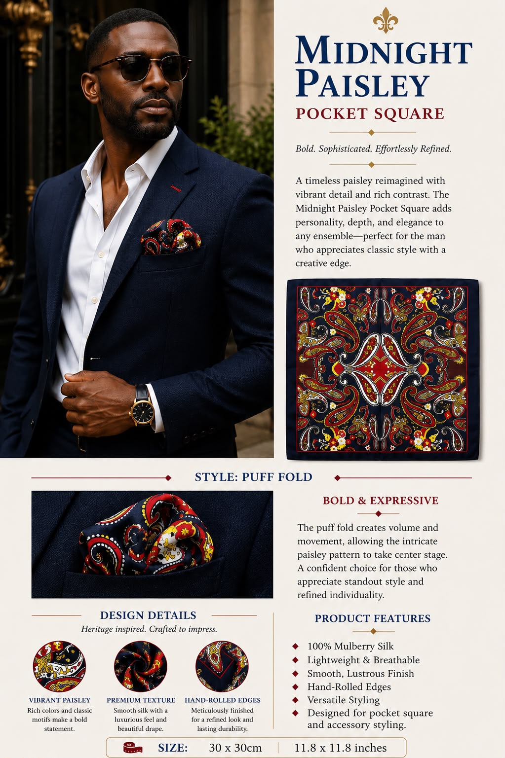 Midnight Paisley Mulberry silk pocket square with vibrant heritage-inspired paisley pattern
