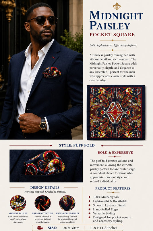 Midnight Paisley Mulberry silk pocket square with vibrant heritage-inspired paisley pattern
