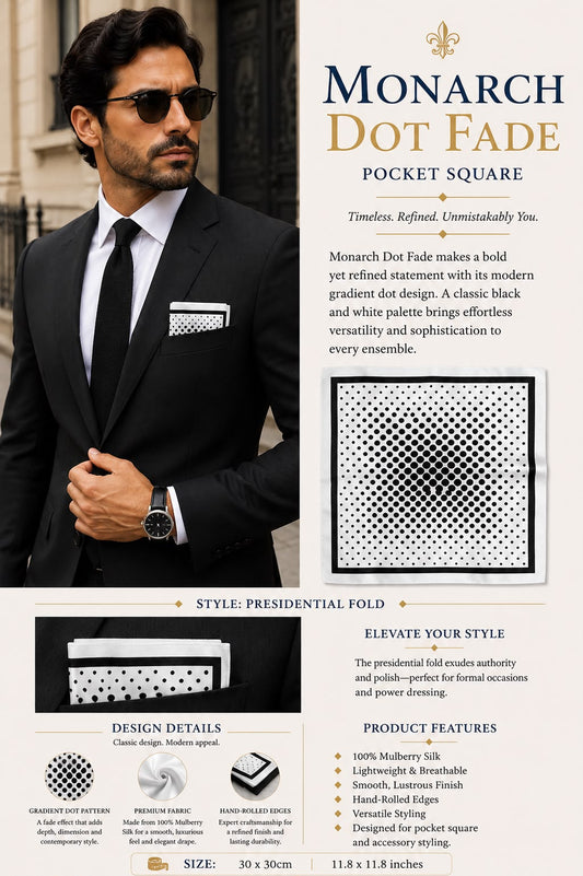 Monarch Dot Fade Mulberry silk pocket square with modern black-and-white gradient dot design