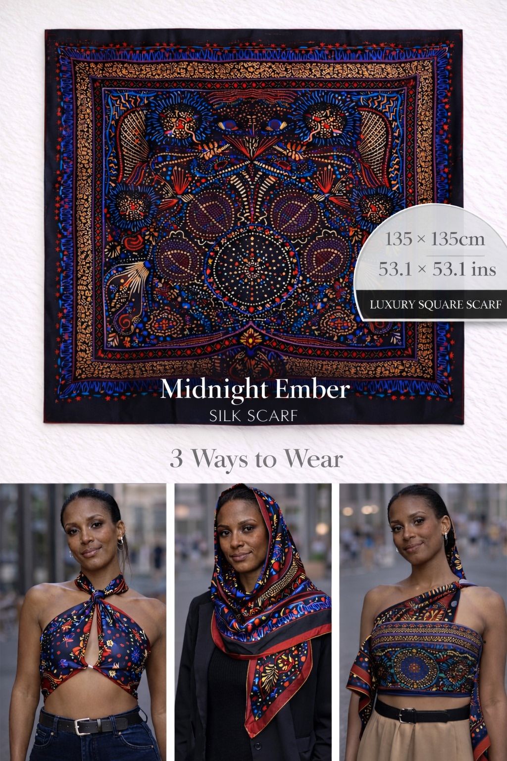 Midnight Ember oversized silk scarf with midnight blue, crimson, gold and noir geometric design