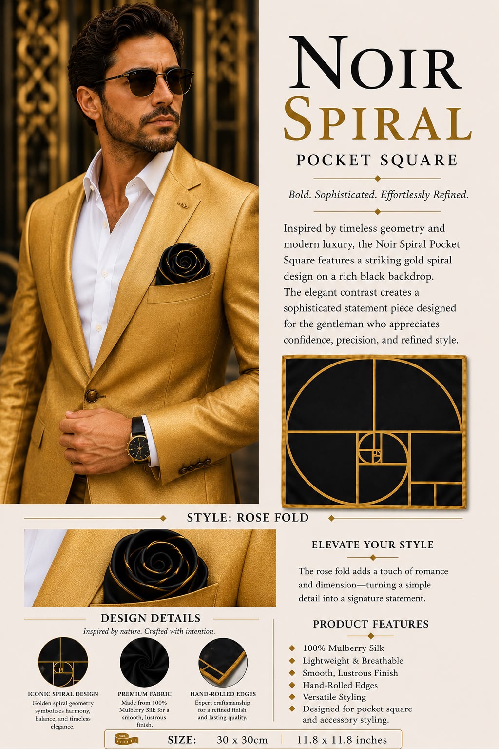 Noir Spiral Mulberry silk pocket square with gold spiral design on black