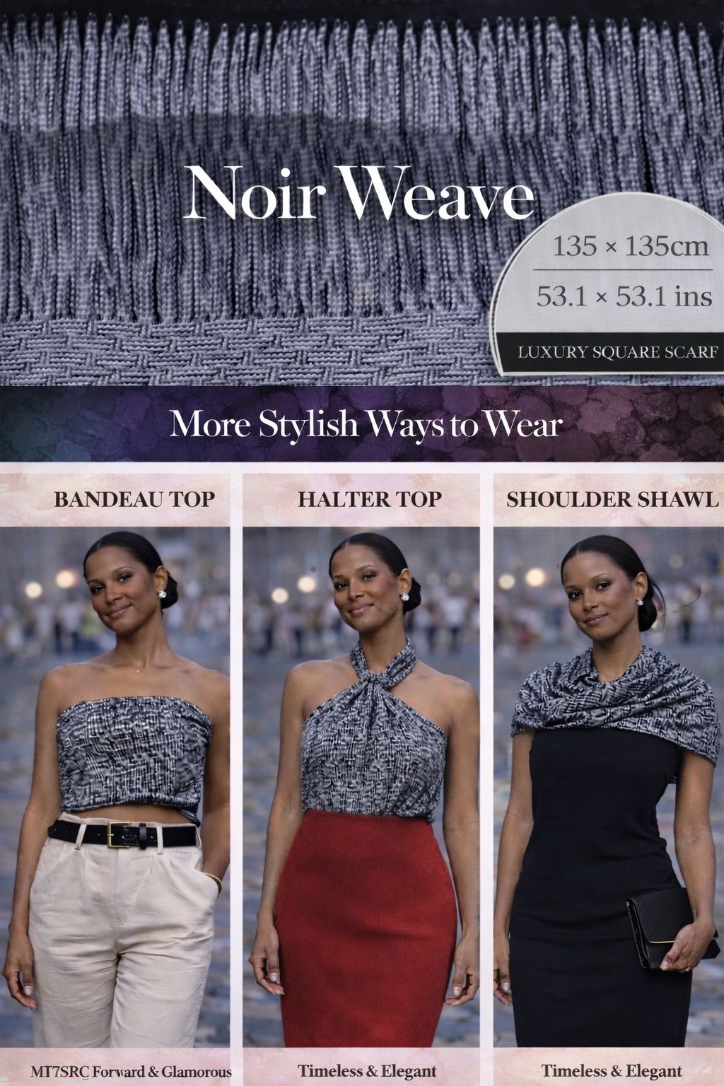 Noir Weave Luxe oversized silk scarf with intricate black and silver woven pattern