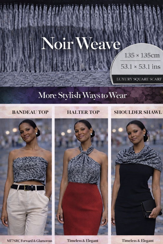 Noir Weave Luxe oversized silk scarf with intricate black and silver woven pattern