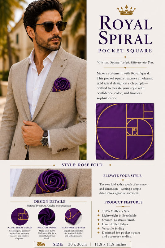 Royal Spiral Mulberry silk pocket square with elegant gold spiral design on rich purple