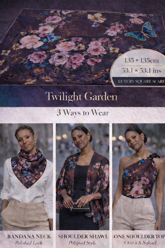 Twilight Garden oversized silk scarf with florals and butterflies in plum, midnight blue and rose