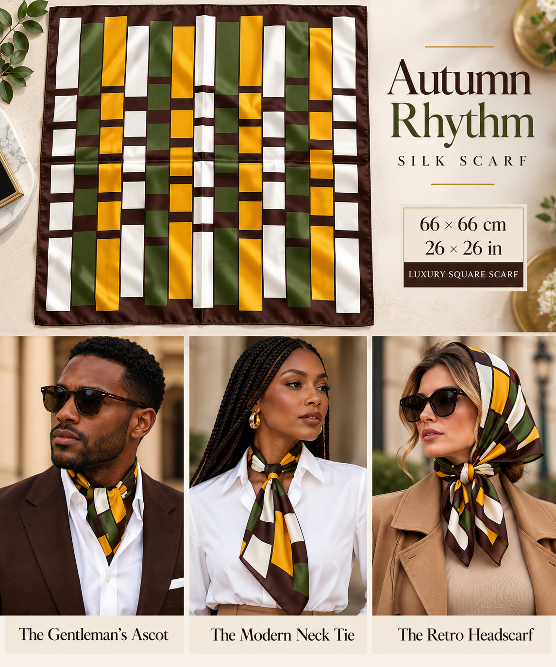 Autumn Rhythm 66 x 66 cm Mulberry silk scarf in chocolate brown, golden yellow, olive green and ivory geometric pattern