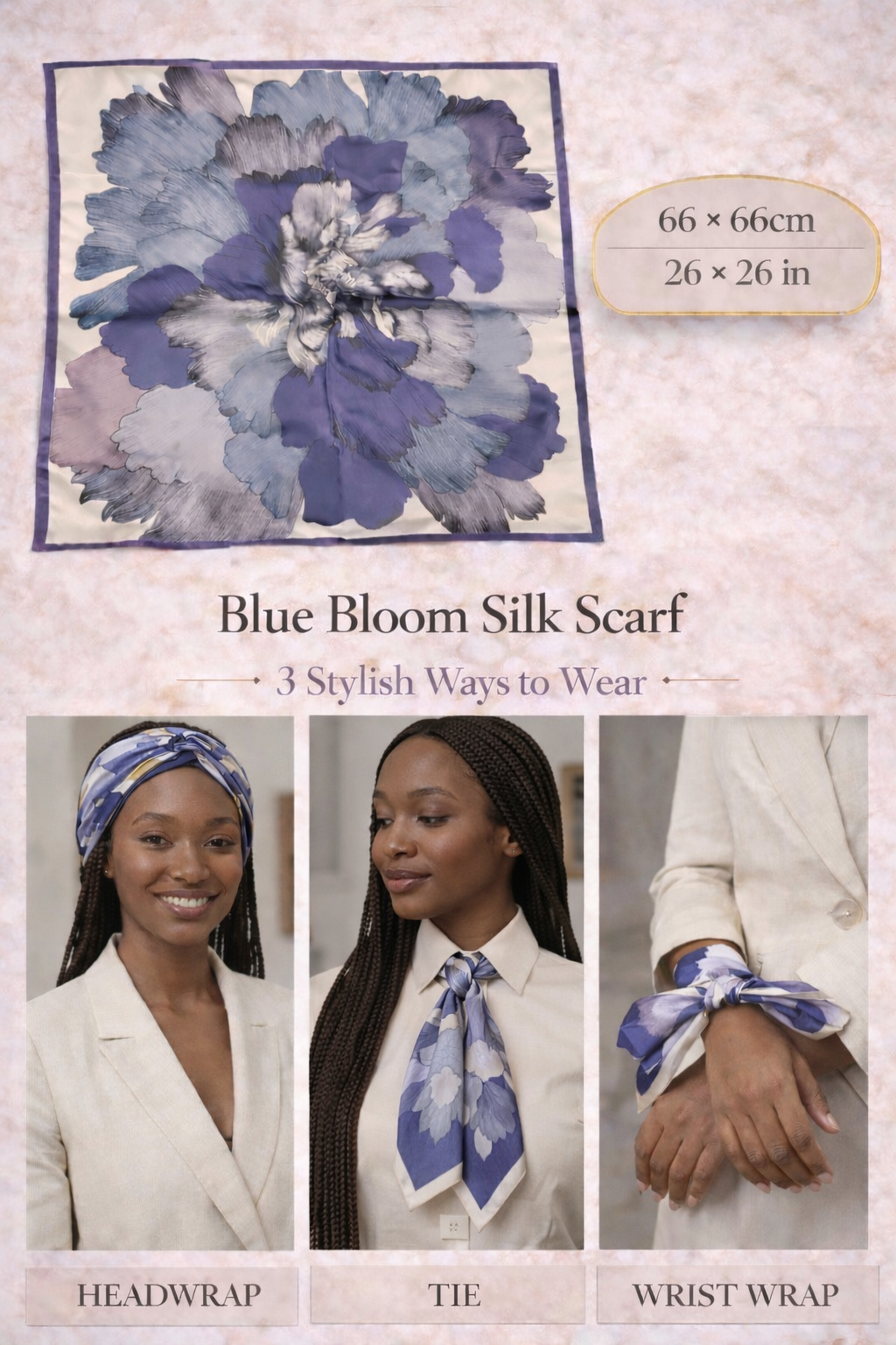 Blue Bloom 66 x 66 cm Mulberry silk scarf with blue lavender and ivory floral design