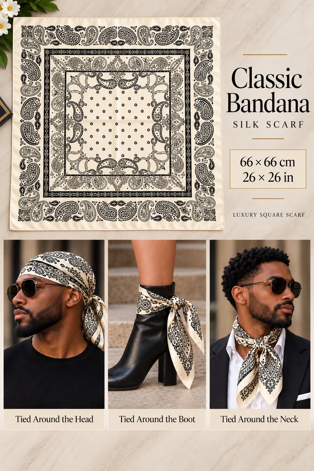 Classic Bandana 66 x 66 cm Mulberry silk scarf with black paisley pattern on ivory