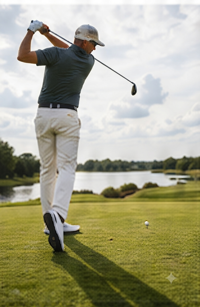 Golfer teeing off on a coastal course