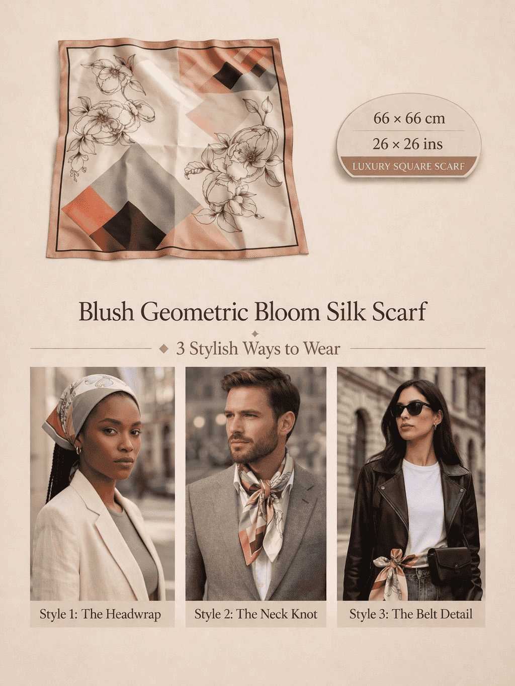 Blush Geometric Bloom silk scarf in blush, muted green and warm neutral tones