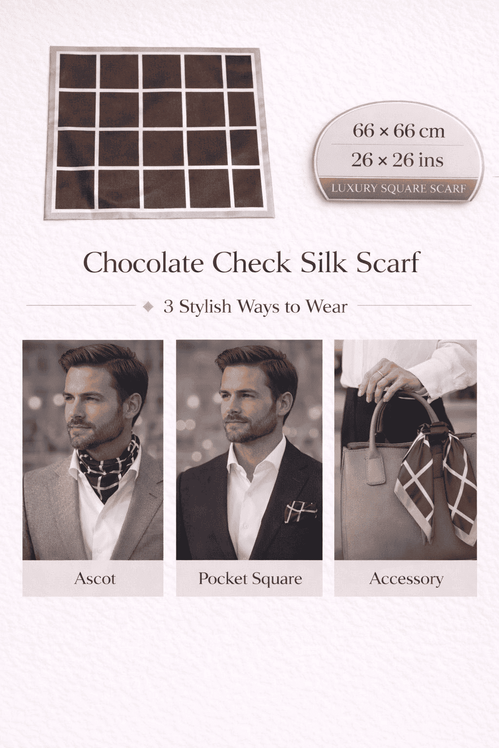 Chocolate Check silk scarf with rich chocolate base and clean grid pattern