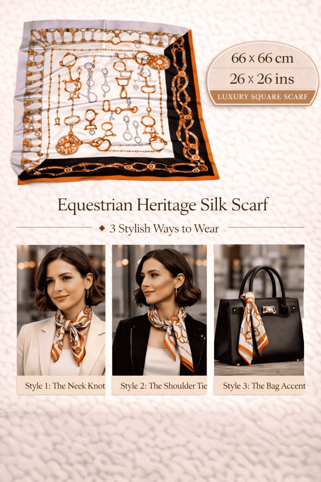 Equestrian Heritage silk scarf with gold chain and harness motifs on a soft neutral base